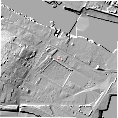 Shaded relief map of the ground around TS21PP, computed from Environment Agency LiDAR. The ground here sits at about 5 m above sea level and falls 19 m across the surrounding 800 m. Surface water reaching this point runs off ground lying to the west-south-west, 10.2 m higher.