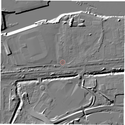 Shaded relief map of the ground around TS21QH, computed from Environment Agency LiDAR. The ground here sits at about 5 m above sea level and falls 12 m across the surrounding 800 m. Surface water reaching this point runs off ground lying to the north-north-east, 4.2 m higher.