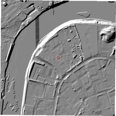 Shaded relief map of the ground around TS21RT, computed from Environment Agency LiDAR. The ground here sits at about 8 m above sea level and falls 20 m across the surrounding 800 m. Surface water reaching this point runs off ground lying to the east-north-east, 3.4 m higher.