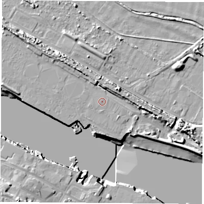 Shaded relief map of the ground around TS21RZ, computed from Environment Agency LiDAR. The ground here sits at about 4 m above sea level and falls 15 m across the surrounding 800 m. The ground contributing surface water to this point lies to the east-north-east.