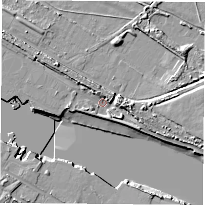 Shaded relief map of the ground around TS21SB, computed from Environment Agency LiDAR. The ground here sits at about 2 m above sea level and falls 13 m across the surrounding 800 m. Surface water reaching this point runs off ground lying to the north-west, 7.8 m higher.