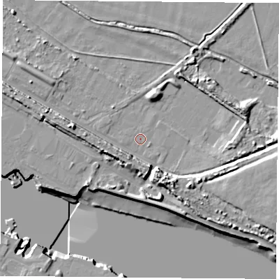 Shaded relief map of the ground around TS21SF, computed from Environment Agency LiDAR. The ground here sits at about 2 m above sea level and falls 13 m across the surrounding 800 m. Surface water reaching this point runs off ground lying to the west, 7.8 m higher.