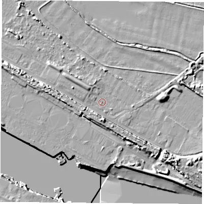 Shaded relief map of the ground around TS21SH, computed from Environment Agency LiDAR. The ground here sits at about 2 m above sea level and falls 13 m across the surrounding 800 m. Surface water reaching this point runs off ground lying to the south, 6.5 m higher.