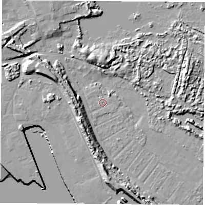 Shaded relief map of the ground around TS21SL, computed from Environment Agency LiDAR. The ground here sits at about 2 m above sea level and falls 14 m across the surrounding 800 m. Surface water reaching this point runs off ground lying to the east-north-east, 0.5 m higher.