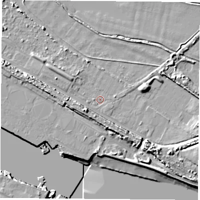 Shaded relief map of the ground around TS21SQ, computed from Environment Agency LiDAR. The ground here sits at about 2 m above sea level and falls 13 m across the surrounding 800 m. Surface water reaching this point runs off ground lying to the south-west, 8.7 m higher.