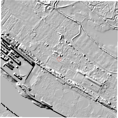Shaded relief map of the ground around TS21SR, computed from Environment Agency LiDAR. The ground here sits at about 2 m above sea level and falls 14 m across the surrounding 800 m. Surface water reaching this point runs off ground lying to the north-north-west, 1.9 m higher.