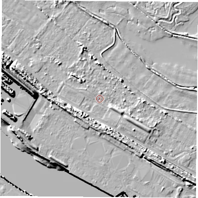 Shaded relief map of the ground around TS21SS, computed from Environment Agency LiDAR. The ground here sits at about 2 m above sea level and falls 13 m across the surrounding 800 m. Surface water reaching this point runs off ground lying to the south-west, 5.5 m higher.