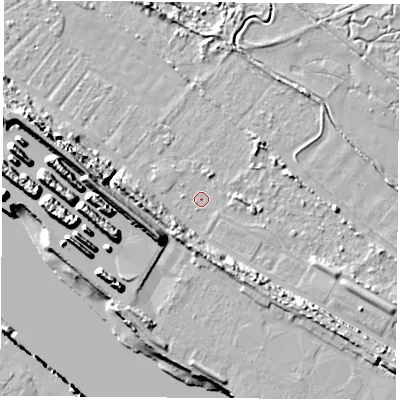 Shaded relief map of the ground around TS21SU, computed from Environment Agency LiDAR. The ground here sits at about 2 m above sea level and falls 16 m across the surrounding 800 m. Surface water reaching this point runs off ground lying to the south-east, 5.9 m higher.