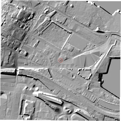 Shaded relief map of the ground around TS21SW, computed from Environment Agency LiDAR. The ground here sits at about 5 m above sea level and falls 16 m across the surrounding 800 m. Surface water reaching this point runs off ground lying to the south-west, 3.0 m higher.