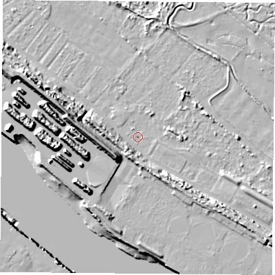 Shaded relief map of the ground around TS21SX, computed from Environment Agency LiDAR. The ground here sits at about 2 m above sea level and falls 16 m across the surrounding 800 m. Surface water reaching this point runs off ground lying to the south-east, 5.9 m higher.