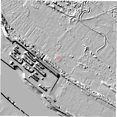 Shaded relief map of the ground around TS21SY, computed from Environment Agency LiDAR. The ground here sits at about 2 m above sea level and falls 16 m across the surrounding 800 m. The ground contributing surface water to this point lies to the north-north-west.