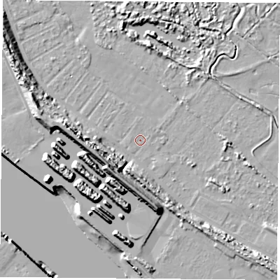 Shaded relief map of the ground around TS21SZ, computed from Environment Agency LiDAR. The ground here sits at about 2 m above sea level and falls 16 m across the surrounding 800 m. Surface water reaching this point runs off ground lying to the west-north-west, 10.5 m higher.