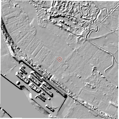 Shaded relief map of the ground around TS21TA, computed from Environment Agency LiDAR. The ground here sits at about 2 m above sea level and falls 14 m across the surrounding 800 m. Surface water reaching this point runs off ground lying to the west, 10.5 m higher.
