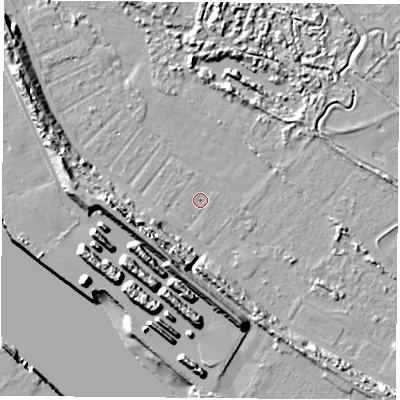 Shaded relief map of the ground around TS21TB, computed from Environment Agency LiDAR. The ground here sits at about 2 m above sea level and falls 14 m across the surrounding 800 m. Surface water reaching this point runs off ground lying to the west, 10.5 m higher.