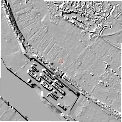 Shaded relief map of the ground around TS21TD, computed from Environment Agency LiDAR. The ground here sits at about 2 m above sea level and falls 16 m across the surrounding 800 m. Surface water reaching this point runs off ground lying to the west-north-west, 10.5 m higher.