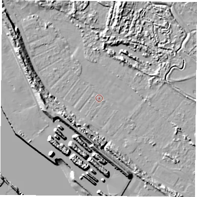 Shaded relief map of the ground around TS21TF, computed from Environment Agency LiDAR. The ground here sits at about 2 m above sea level and falls 14 m across the surrounding 800 m. Surface water reaching this point runs off ground lying to the west, 10.5 m higher.