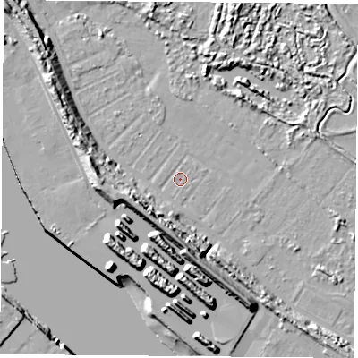 Shaded relief map of the ground around TS21TG, computed from Environment Agency LiDAR. The ground here sits at about 2 m above sea level and falls 14 m across the surrounding 800 m. Surface water reaching this point runs off ground lying to the west, 10.5 m higher.