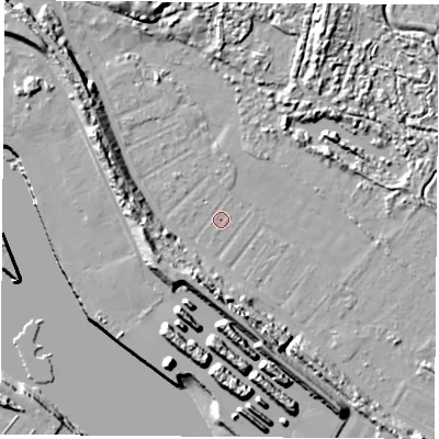 Shaded relief map of the ground around TS21TH, computed from Environment Agency LiDAR. The ground here sits at about 2 m above sea level and falls 14 m across the surrounding 800 m. Surface water reaching this point runs off ground lying to the west-north-west, 9.4 m higher.