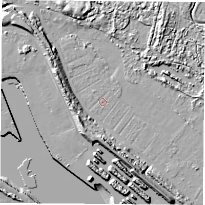 Shaded relief map of the ground around TS21TJ, computed from Environment Agency LiDAR. The ground here sits at about 2 m above sea level and falls 14 m across the surrounding 800 m. Surface water reaching this point runs off ground lying to the west-north-west, 9.4 m higher.