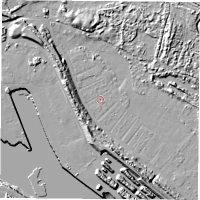 Shaded relief map of the ground around TS21TL, computed from Environment Agency LiDAR. The ground here sits at about 2 m above sea level and falls 14 m across the surrounding 800 m. Surface water reaching this point runs off ground lying to the west-north-west, 9.4 m higher.
