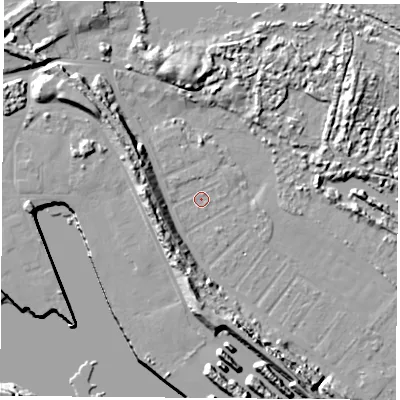 Shaded relief map of the ground around TS21TN, computed from Environment Agency LiDAR. The ground here sits at about 2 m above sea level and falls 14 m across the surrounding 800 m. Surface water reaching this point runs off ground lying to the west, 9.4 m higher.