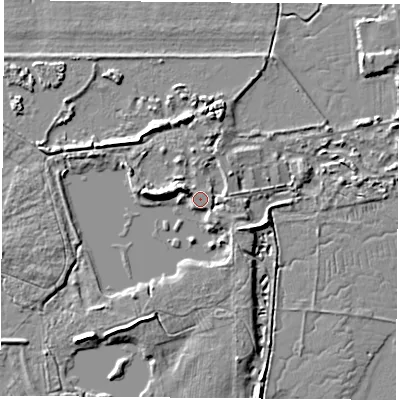 Shaded relief map of the ground around TS21TP, computed from Environment Agency LiDAR. The ground here sits at about 5 m above sea level and falls 7 m across the surrounding 800 m. Surface water reaching this point runs off ground lying to the east, 2.2 m higher.
