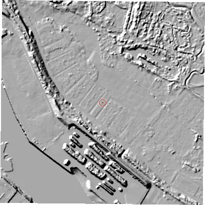 Shaded relief map of the ground around TS21TQ, computed from Environment Agency LiDAR. The ground here sits at about 2 m above sea level and falls 14 m across the surrounding 800 m. Surface water reaching this point runs off ground lying to the west-south-west, 10.5 m higher.