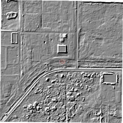Shaded relief map of the ground around TS21TR, computed from Environment Agency LiDAR. The ground here sits at about 5 m above sea level and falls 6 m across the surrounding 800 m. Surface water reaching this point runs off ground lying to the west, 2.1 m higher.