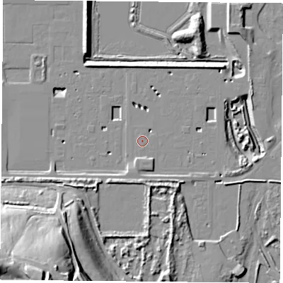 Shaded relief map of the ground around TS21TT, computed from Environment Agency LiDAR. The ground here sits at about 6 m above sea level and falls 38 m across the surrounding 800 m. Surface water reaching this point runs off ground lying to the south-south-west, 2.0 m higher.