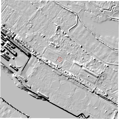 Shaded relief map of the ground around TS21TW, computed from Environment Agency LiDAR. The ground here sits at about 2 m above sea level and falls 13 m across the surrounding 800 m. Surface water reaching this point runs off ground lying to the south, 5.5 m higher.