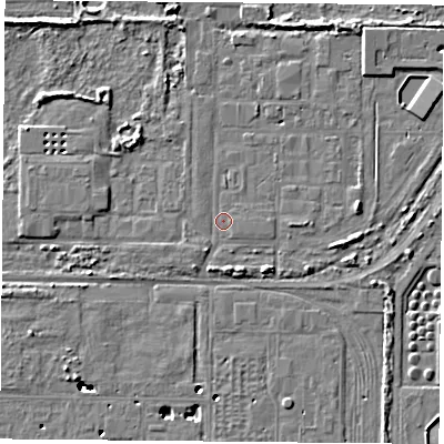 Shaded relief map of the ground around TS21UB, computed from Environment Agency LiDAR. The ground here sits at about 5 m above sea level and falls 8 m across the surrounding 800 m. Surface water reaching this point runs off ground lying to the north-north-east, 2.8 m higher.