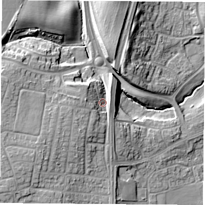 Shaded relief map of the ground around TS225JP, computed from Environment Agency LiDAR. The ground here sits at about 25 m above sea level and falls 16 m across the surrounding 800 m. Surface water reaching this point runs off ground lying to the west, 7.2 m higher.