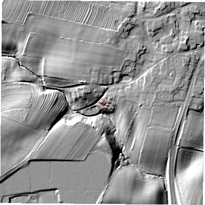 Shaded relief map of the ground around TS225LH, computed from Environment Agency LiDAR. The ground here sits at about 29 m above sea level and falls 15 m across the surrounding 800 m. Surface water reaching this point runs off ground lying to the north-north-east, 9.1 m higher.