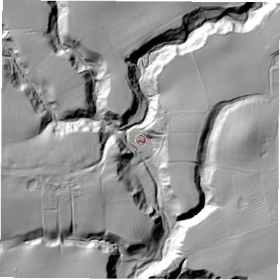 Shaded relief map of the ground around TS225NR, computed from Environment Agency LiDAR. The ground here sits at about 55 m above sea level and falls 31 m across the surrounding 800 m. Surface water reaching this point runs off ground lying to the east-north-east, 18.6 m higher.