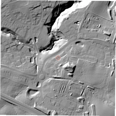 Shaded relief map of the ground around TS225TR, computed from Environment Agency LiDAR. The ground here sits at about 58 m above sea level and falls 32 m across the surrounding 800 m. Surface water reaching this point runs off ground lying to the south-east, 14.0 m higher.