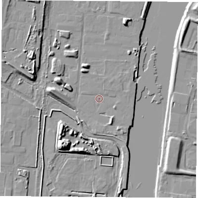 Shaded relief map of the ground around TS231PX, computed from Environment Agency LiDAR. The ground here sits at about 4 m above sea level and falls 15 m across the surrounding 800 m. Surface water reaching this point runs off ground lying to the north-north-west, 4.4 m higher.