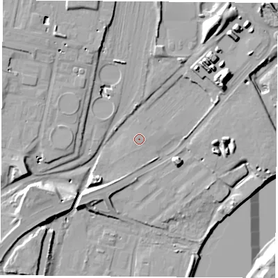 Shaded relief map of the ground around TS231PY, computed from Environment Agency LiDAR. The ground here sits at about 6 m above sea level and falls 18 m across the surrounding 800 m. The ground contributing surface water to this point lies to the south-south-west.