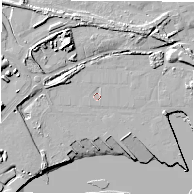 Shaded relief map of the ground around TS231PZ, computed from Environment Agency LiDAR. The ground here sits at about 4 m above sea level and falls 19 m across the surrounding 800 m. Surface water reaching this point runs off ground lying to the south-west, 0.9 m higher.
