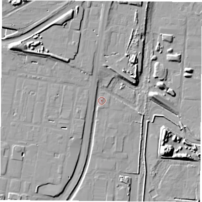 Shaded relief map of the ground around TS231QG, computed from Environment Agency LiDAR. The ground here sits at about 5 m above sea level and falls 15 m across the surrounding 800 m. Surface water reaching this point runs off ground lying to the north-north-west, 2.1 m higher.