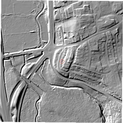 Shaded relief map of the ground around TS231QN, computed from Environment Agency LiDAR. The ground here sits at about 12 m above sea level and falls 22 m across the surrounding 800 m. Surface water reaching this point runs off ground lying to the east-north-east, 8.4 m higher.