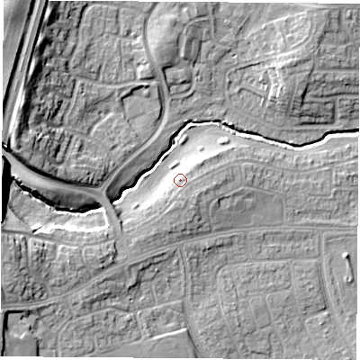 Shaded relief map of the ground around TS232AH, computed from Environment Agency LiDAR. The ground here sits at about 20 m above sea level and falls 18 m across the surrounding 800 m. Surface water reaching this point runs off ground lying to the south, 0.6 m higher.