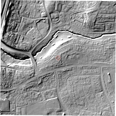 Shaded relief map of the ground around TS232AN, computed from Environment Agency LiDAR. The ground here sits at about 20 m above sea level and falls 17 m across the surrounding 800 m. The ground contributing surface water to this point lies to the west-north-west.