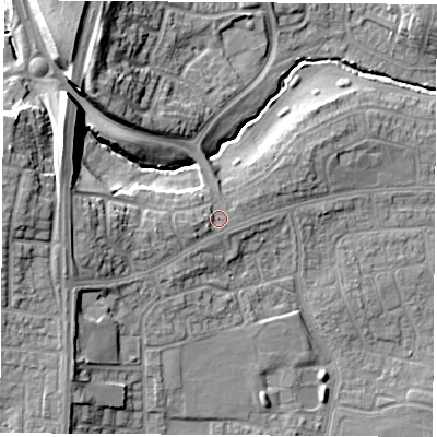 Shaded relief map of the ground around TS232AQ, computed from Environment Agency LiDAR. The ground here sits at about 20 m above sea level and falls 17 m across the surrounding 800 m. Surface water reaching this point runs off ground lying to the west, 7.0 m higher.