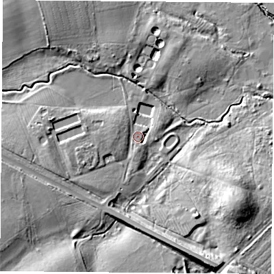 Shaded relief map of the ground around TS233NF, computed from Environment Agency LiDAR. The ground here sits at about 5 m above sea level and falls 17 m across the surrounding 800 m. Surface water reaching this point runs off ground lying to the west-south-west, 5.6 m higher.