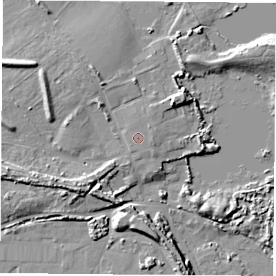 Shaded relief map of the ground around TS234EX, computed from Environment Agency LiDAR. The ground here sits at about 6 m above sea level and falls 10 m across the surrounding 800 m. Surface water reaching this point runs off ground lying to the north-east, 0.9 m higher.