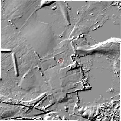 Shaded relief map of the ground around TS234EY, computed from Environment Agency LiDAR. The ground here sits at about 5 m above sea level and falls 9 m across the surrounding 800 m. Surface water reaching this point runs off ground lying to the south-west, 7.0 m higher.