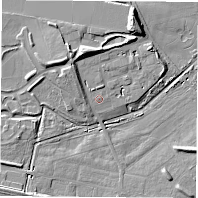 Shaded relief map of the ground around TS234HA, computed from Environment Agency LiDAR. The ground here sits at about 8 m above sea level and falls 16 m across the surrounding 800 m. Surface water reaching this point runs off ground lying to the west-north-west, 0.7 m higher.