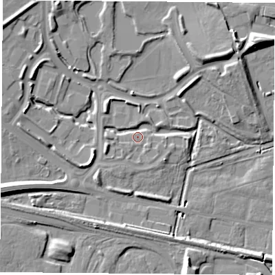 Shaded relief map of the ground around TS234HN, computed from Environment Agency LiDAR. The ground here sits at about 8 m above sea level and falls 15 m across the surrounding 800 m. Surface water reaching this point runs off ground lying to the west-south-west, 4.5 m higher.