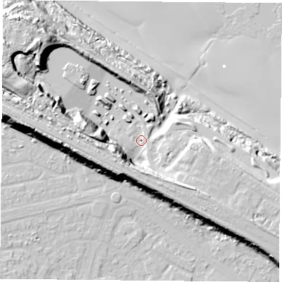 Shaded relief map of the ground around TS240AA, computed from Environment Agency LiDAR. The ground here sits at about 10 m above sea level and falls 28 m across the surrounding 800 m. Surface water reaching this point runs off ground lying to the west-north-west, 17.1 m higher.