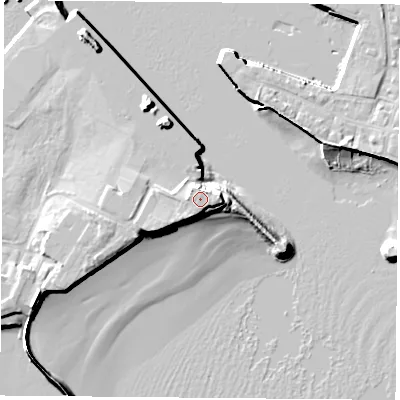 Shaded relief map of the ground around TS240AE, computed from Environment Agency LiDAR. The ground here sits at about 9 m above sea level and falls 12 m across the surrounding 800 m. Surface water reaching this point runs off ground lying to the north-east, 2.6 m higher.